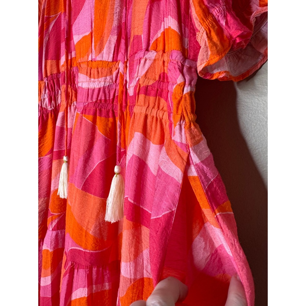 THML Pink Orange Abstract Print Tiered Maxi Dress Smocked Waist Pockets L - Picture 6 of 9